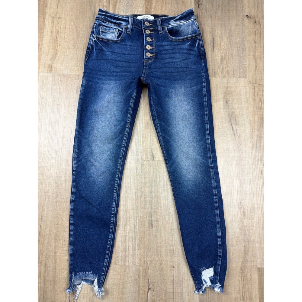 Zenana Womens High Rise Button Fly Skinny Jeans Dark Wash Distressed Hem 27